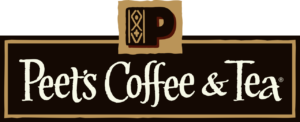 A brown and white logo for the p. O. P 's coffee & tea shop