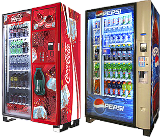 Two vending machines with soda and water bottles.