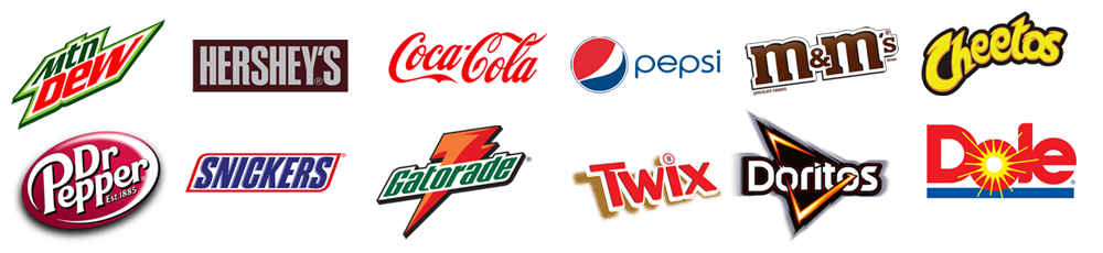 A series of logos that include pepsi, gatorade, twix and coca-cola.